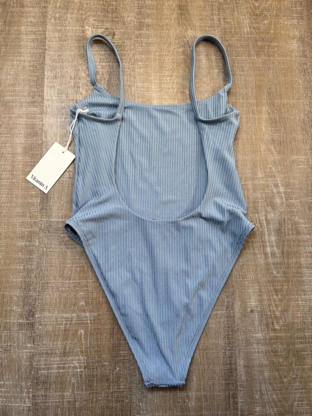 NWT Vitamin A Leah One Piece Swim Suit Size Large Light Blue Rib Ribbed Swimwear - Picture 7 of 16